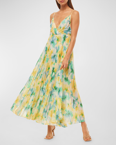 Misa Galeta Tie-back Floral Pleated Midi Dress In Citron Water Color