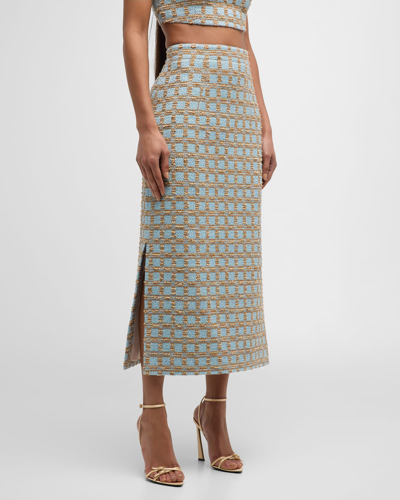 Emilia Wickstead Ariceli Check Tweed Slit Midi Skirt In Beige And Blue