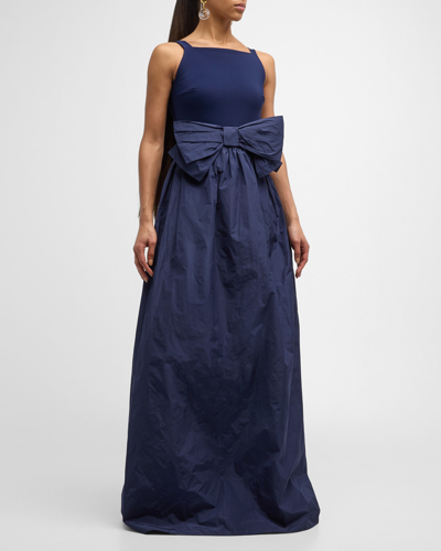 Chiara Boni La Petite Robe Sleeveless Bow-embellished Square-neck Gown In Blue Notte