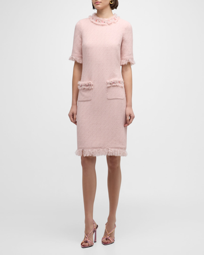 Rickie Freeman For Teri Jon Beaded Fringe-trim Boucle Midi Dress In Blush Pink