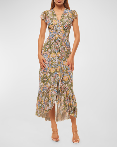 Misa Avaline Gathered Asymmetric Ruffle Midi Dress In Dolce Via Kaleido