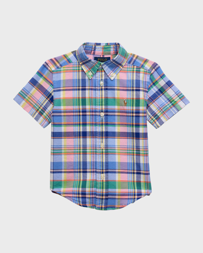 Ralph Lauren Kids' Boy's Oxford Short-sleeve Button-front Sport Shirt In Blue Pink
