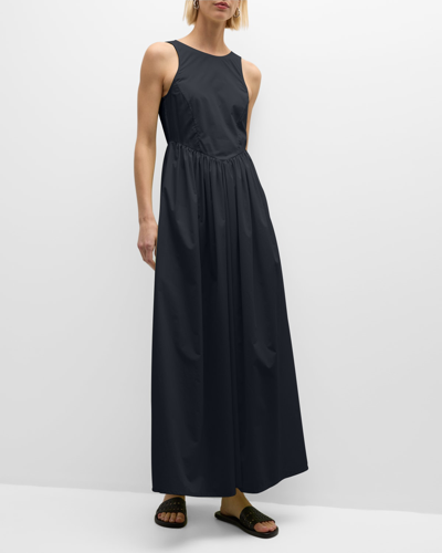 Emporio Armani Sleeveless Ruched Cotton Poplin Maxi Dress In Blue