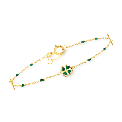 Ross-simons Italian Green Enamel Clover Station Bracelet In 14kt Yellow Gold In Multi