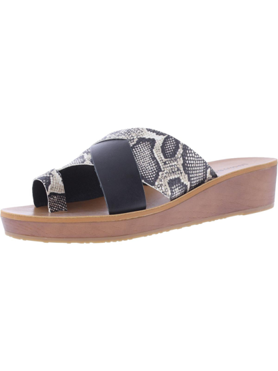 Lucky Brand Heliara Womens Leather Snake Print Wedge Sandals In Black