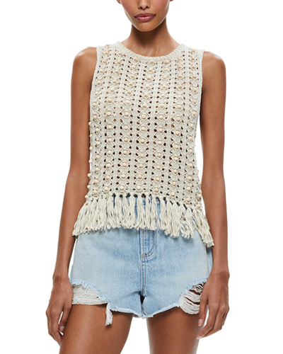 Alice And Olivia Bead-embellished Open-knit Top In White