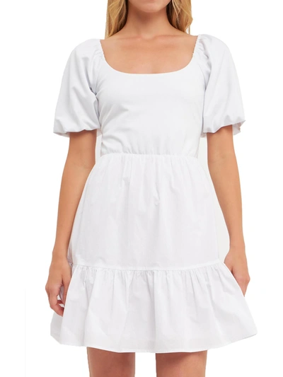 English Factory Women's Mixed Media Puff Sleeve Back Bow Dress In White