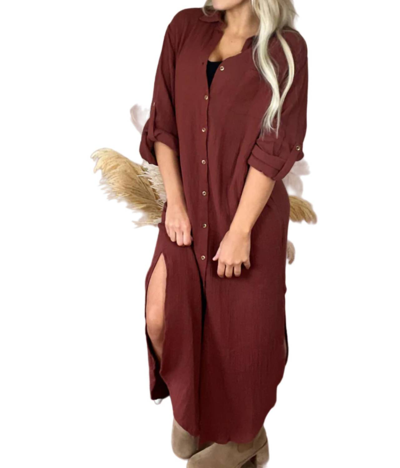Style Usa Maxi Gauze Shirt Dress In Brick In Red