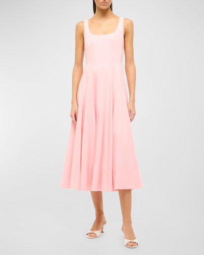 STAUD WELLS SQUARE-NECK SLEEVELESS CORSET MIDI DRESS