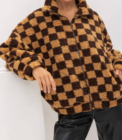 Pretty Garbage Checkered Faux Fur Jacket In Brown