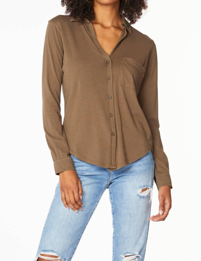 Bobi Long Sleeve Button Front Tee In Brown