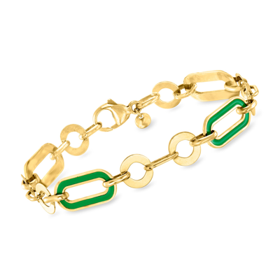 Ross-simons Italian Green Enamel Paper Clip Link Bracelet In 18kt Gold Over Sterling