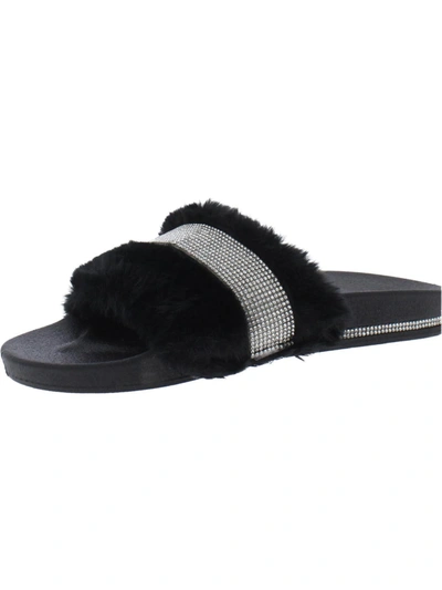 Shoe Land Best Wishes Womens Faux Fur Rhinestone Slide Sandals In Black