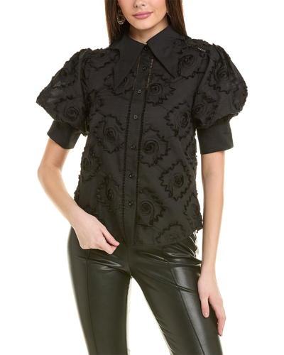 Gracia Wing Collar Circle Embroidered Top In Black