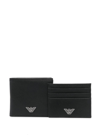 Emporio Armani Leather Wallet And Card Case Set In Black