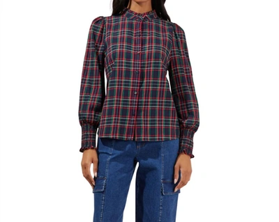 Sugarlips Brisvan Plaid Split Neck Top In Navy In Blue