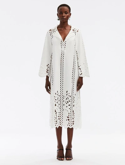 Oscar De La Renta Long Sleeve Floral Trellis Guipure Tunic Blouse In White