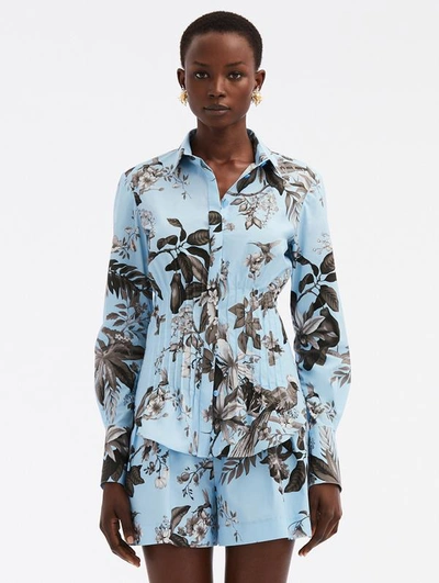 Oscar De La Renta Flora & Fauna Cotton Poplin Blouse In Black/lt Blue