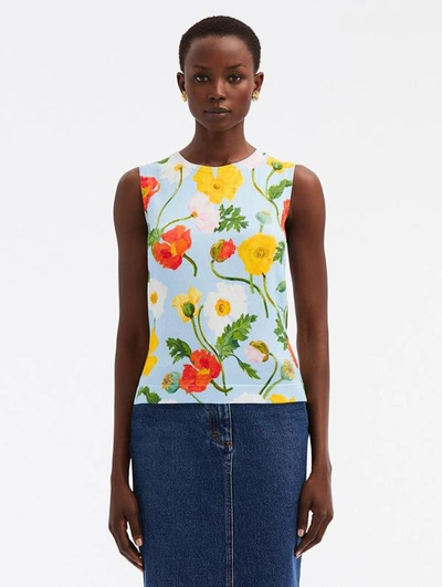 Oscar De La Renta Painted Poppies Printed Tank In Light Blue Mult