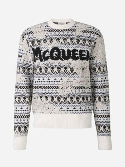 Alexander Mcqueen Jacquard Logo Sweater In Ivory, Black And Crea