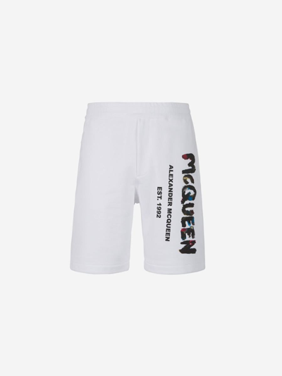Alexander Mcqueen Watercolor Logo Bermuda Shorts In White