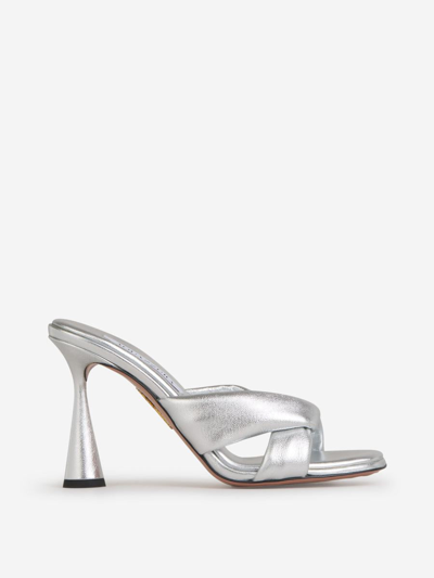 Aquazzura Amore Crisscross Metallic Mule Sandals In Platejat