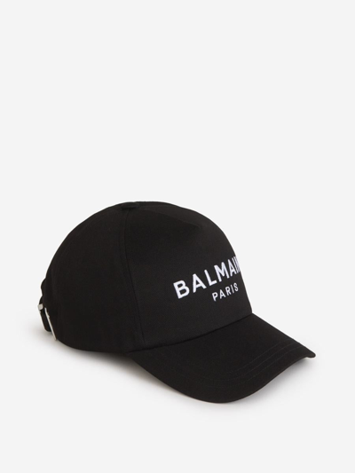 Balmain Logo Cotton Cap In Black & White