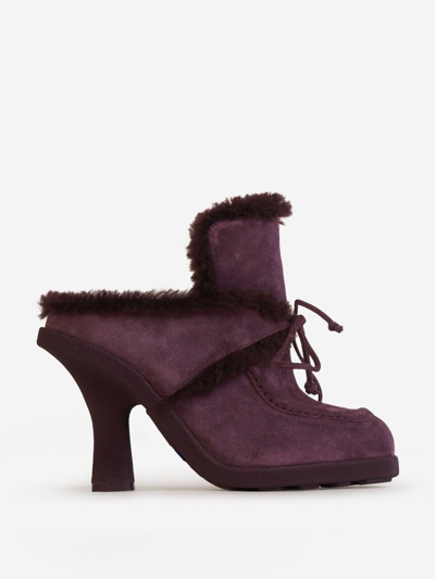 Burberry Suede And Shearling Highland Mules In Aubergine