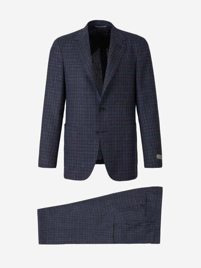 Canali Check Motif Suit In Dark Blue