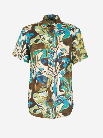 Etro Floral Print Linen Shirt In Brown, Blue And Green