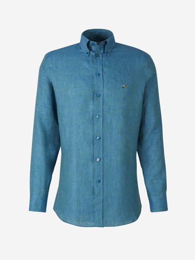 Etro Pegasus Linen Shirt In Denim Blue