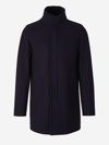 Herno High Neck Grey Wool Coat With Zip And Button Fastening In Dark Blue