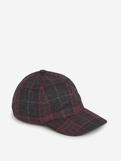 Isaia Checkered Wool Cap In Dark Grey And Red