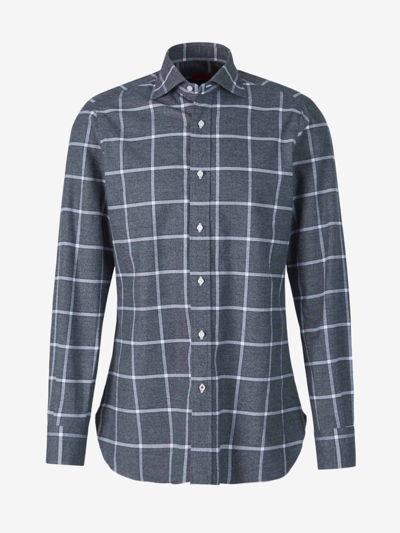 Isaia Large Check Motif Shirt In Charcoal Grey And White