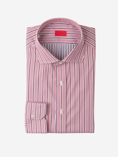 Isaia Striped Cotton Shirt In Salmon, White And Maroon