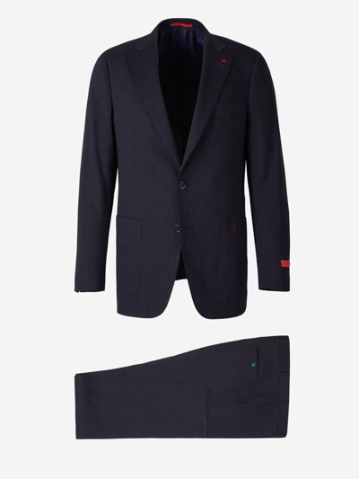 Isaia Checked Wool And Cashmere Suit In Navy Colour