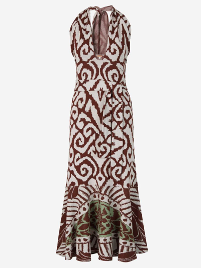 Johanna Ortiz . Antique Dialogues Dress In Terracotta, Ivory And Mint Green