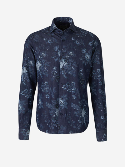 Orian Floral Denim Shirt In Indigo Blue And White