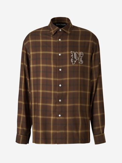 Palm Angels Check Motif Shirt In Brown, Mustard And White