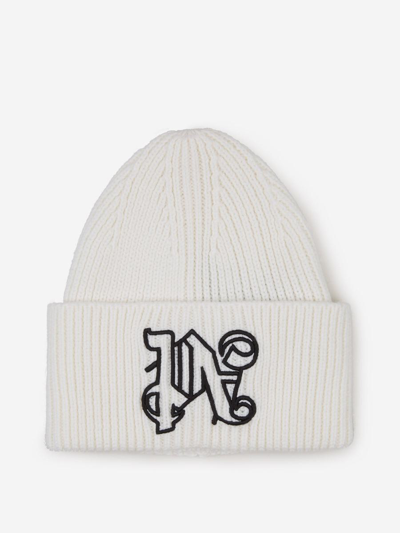 Palm Angels Logo Embroidered Knit Beanie In White
