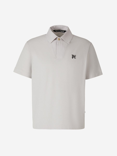 Palm Angels Pa Monogram Embroidered Knit Polo Shirt In Blanc