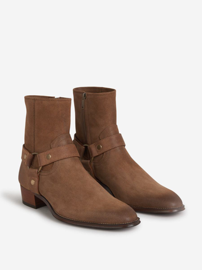 Saint Laurent Suede Buckle Boots In Camel