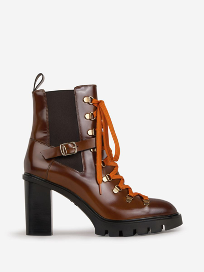 Santoni Leather Lace-up Ankle Boots In Brown And Orange