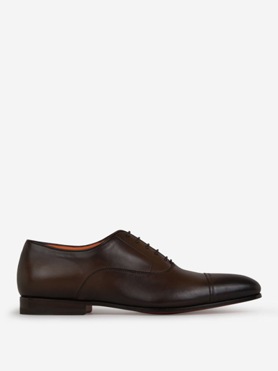 Santoni Leather Oxford Shoes In Dark Brown