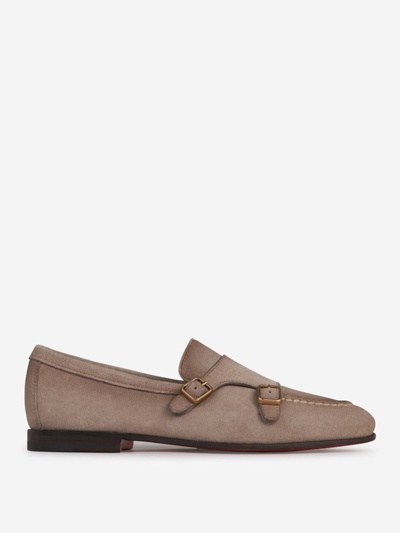 Santoni Suede Leather Loafers In Taupe