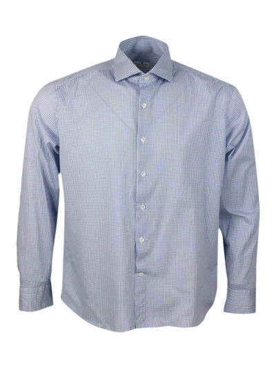 Sonrisa Luxury Shirt In Soft, Precious And Very Fine Stretch Cotton Flower With French Collar In A Small Blu In White