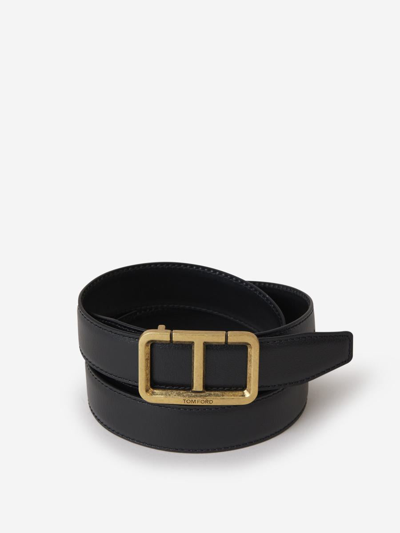Tom Ford Leather Logo Belt In Black