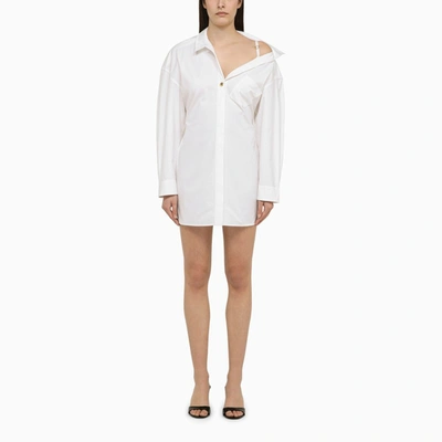 JACQUEMUS JACQUEMUS | WHITE ASYMMETRICAL COTTON MINI CHEMISIER DRESS