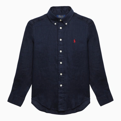 POLO RALPH LAUREN NAVY BLUE LINEN BUTTON-DOWN SHIRT