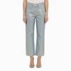 Frame Cropped Hologram Denim Jeans With Belt Loops In Light Blue